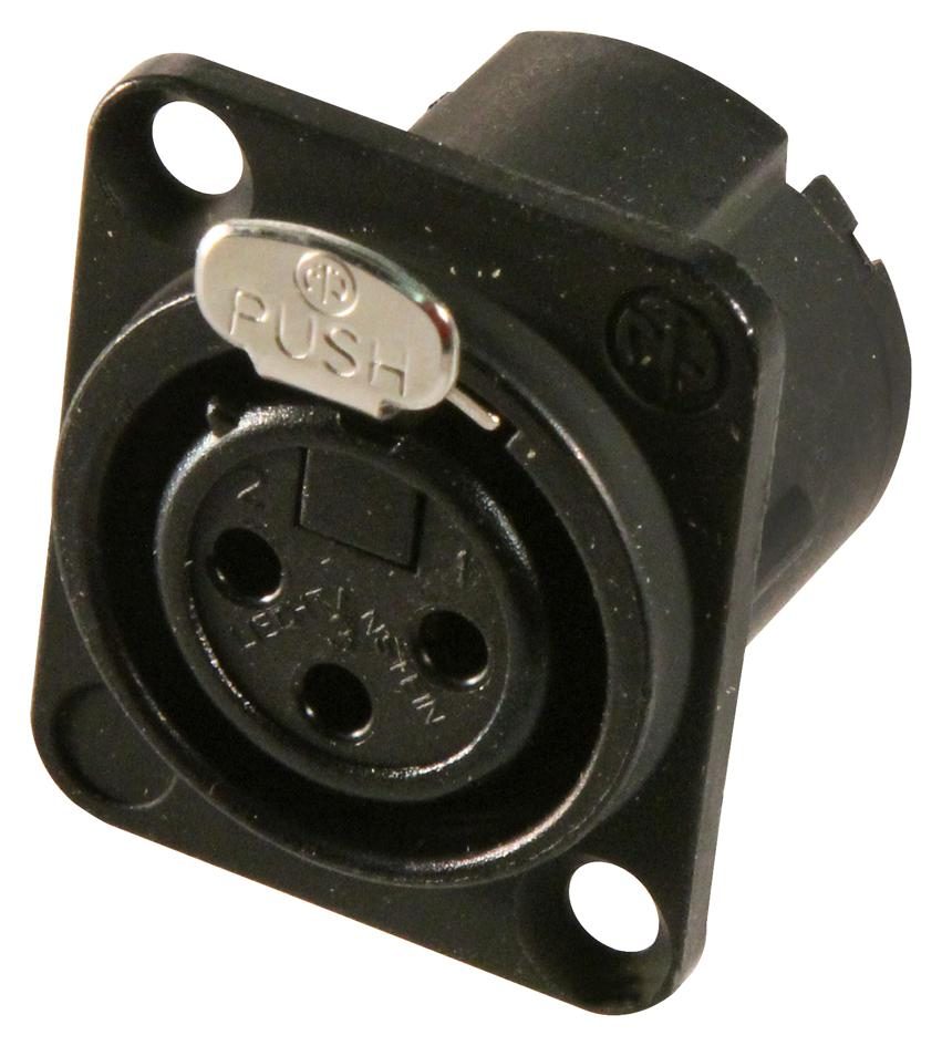 XLR Connector, 3 Contacts, Socket, Panel Mount, Gold Plated Contacts, Metal Body, DLX - front view