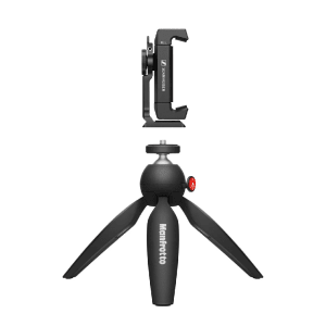 Manfrotto PIXI Mini Tripod and Sennheiser Smartphone Clamp.