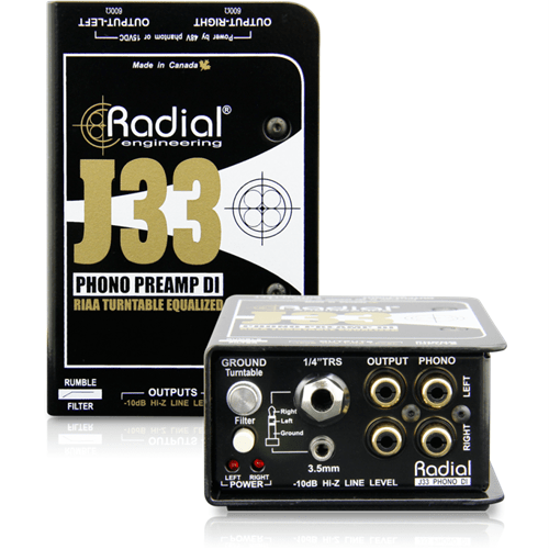 Radial J33 - Active combination stereo RIAA turntable pre-amp and direct box. Inc PSU
