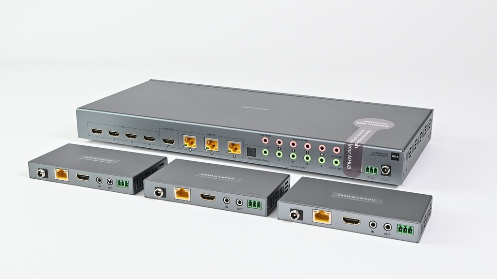 HDANYWHERE HDMI Matrix, 4 x 4, Ultra HD to 40M or Full HD to 70M, including 1 x local HDMI output, uControl - front view