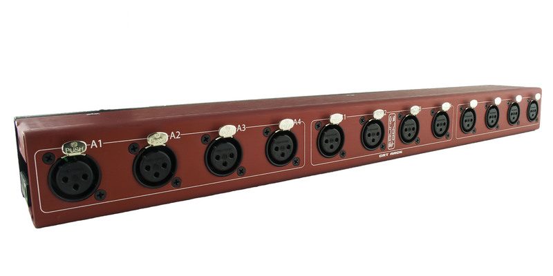 CRFFFX-12 channel female XLR's rackmounted with input and thru etherCON connectors - front view