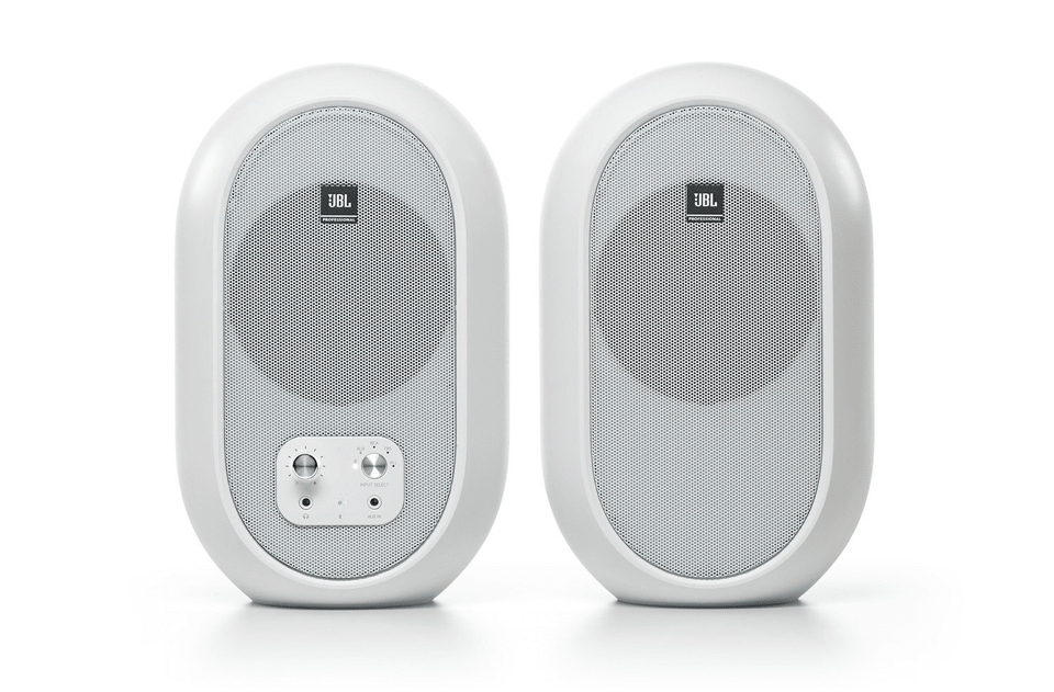 JBL 104-BT White Compact Powered Desktop Reference Monitors with Bluetooth - front view