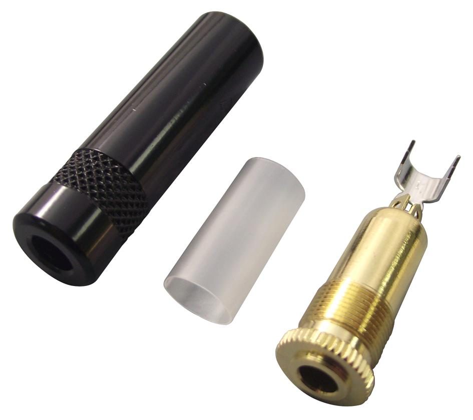 Stereo 3.5mm In-Line Receptacle - Black Metal Shell, Gold Plated Contacts - front view