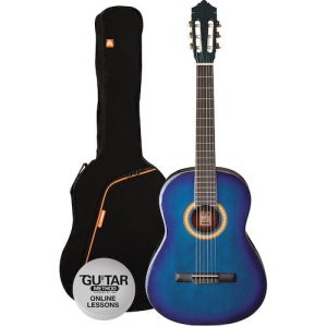 Ashton SPCG44 TBB 4/4 Full Size Beginner Classical Guitar Starter Pack with Bag - Trans blue