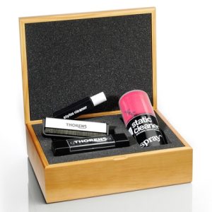 Wood presentation box including: Cleaning fluid, anti-static cloth, velvet brush, carbon fibre brush, stylus fluid