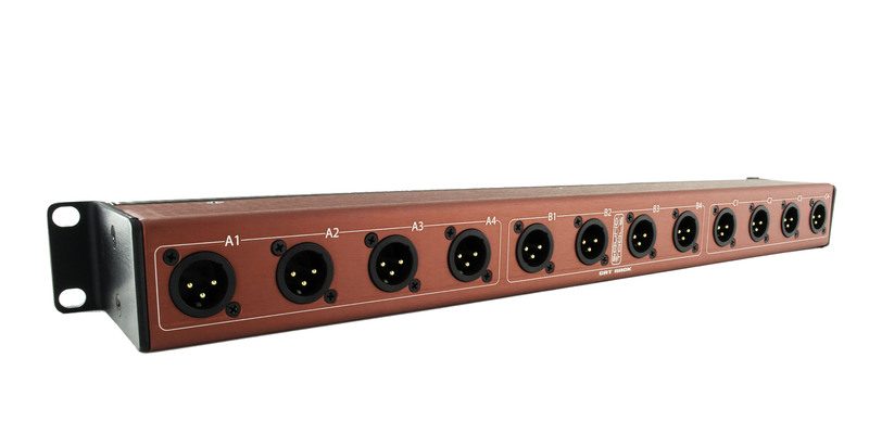 CRMMMX-12 channel male XLR's rackmounted with input and thru etherCON connectors - front view