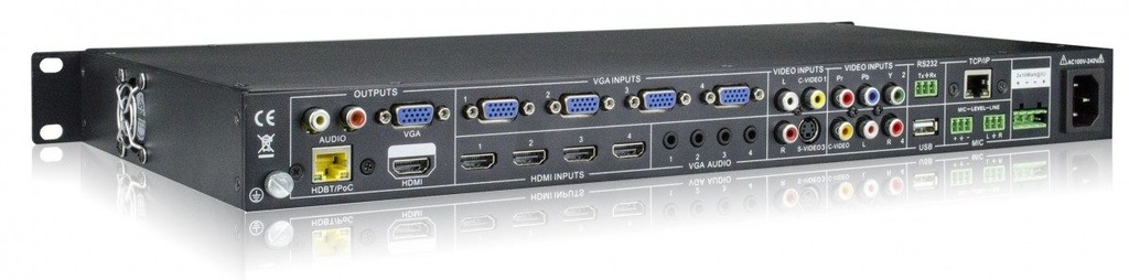 12 input Presentation scaler with Mic inputs, Amplifier, HDBaseT out (DEMO) - front view