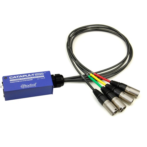 Radial 4ch receiver, balanced outs, mic-level transformers, uses shielded cat-5 - front view