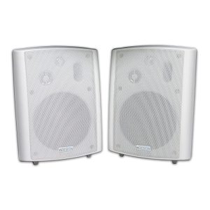 White 3-way AV style speakers, 30W RMS total powered/passive pair.